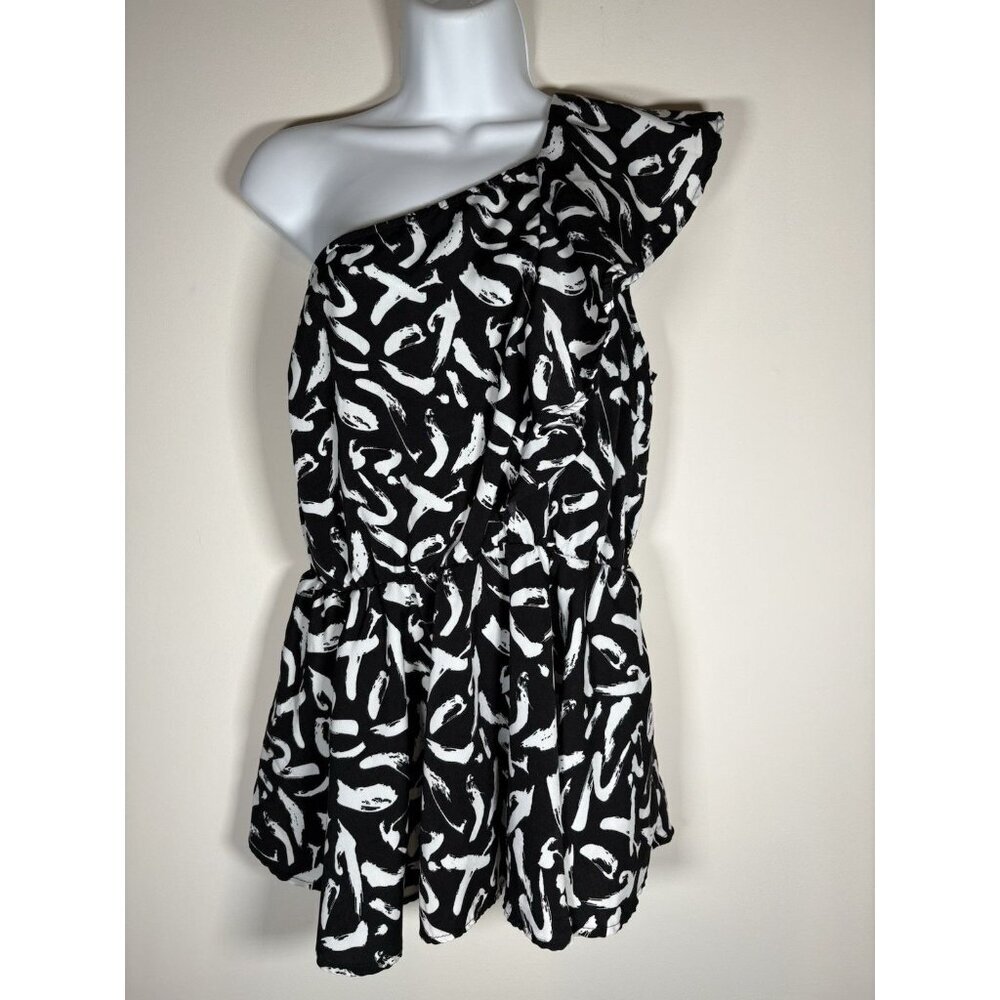 GILLI‎ One Shoulder Black and White Ruffle Cinch Waist Top Quiet Luxury Large